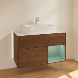 Тумба под раковину Villeroy & Boch Finion 100х50,1 см с подсветкой МДФ шпон грецкого ореха/оливковый матовый лак/стекло белое матовое G121GMGN