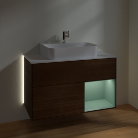 Тумба под раковину Villeroy & Boch Finion 100х50,1 см с подсветкой МДФ шпон грецкого ореха/оливковый матовый лак/стекло белое матовое G121GMGN