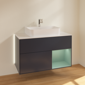 Тумба под раковину Villeroy & Boch Finion 100х50,1 см с подсветкой МДФ темно-синий матовый лак/оливковый матовый лак/стекло белое матовое G121GMHG