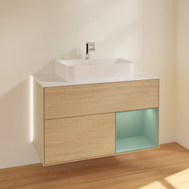 Тумба под раковину Villeroy & Boch Finion 100х50,1 см с подсветкой МДФ шпон дуба/оливковый матовый лак/стекло белое матовое G121GMPC