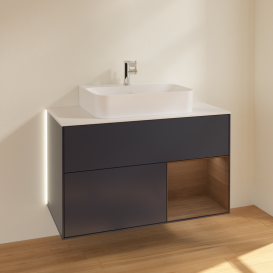 Тумба под раковину Villeroy & Boch Finion 100х50,1 см с подсветкой МДФ темно-синий матовый лак/шпон грецкого ореха/стекло белое матовое G121GNHG