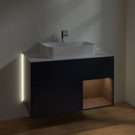 Тумба под раковину Villeroy & Boch Finion 100х50,1 см с подсветкой МДФ темно-синий матовый лак/шпон грецкого ореха/стекло белое матовое G121GNHG