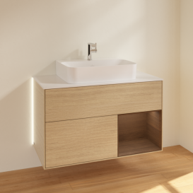 Тумба под раковину Villeroy & Boch Finion 100х50,1 см с подсветкой МДФ шпон дуба/шпон грецкого ореха/стекло белое матовое G121GNPC