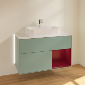 Тумба під раковину Villeroy & Boch Finion 100х50,1 см з підсвічуванням МДФ оливковий матовий лак/півонія матовий лак/скло біле матове G121HBGM