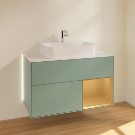 Тумба под раковину Villeroy & Boch Finion 100х50,1 см с подсветкой МДФ оливковый матовый лак/золотой матовый лак/стекло белое матовое G121HFGM
