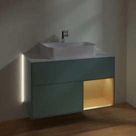 Тумба под раковину Villeroy & Boch Finion 100х50,1 см с подсветкой МДФ оливковый матовый лак/золотой матовый лак/стекло белое матовое G121HFGM