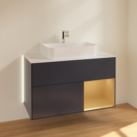 Тумба под раковину Villeroy & Boch Finion 100х50,1 см с подсветкой МДФ темно-синий матовый лак/золотой матовый лак/стекло белое матовое G121HFHG