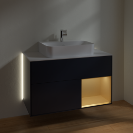 Тумба под раковину Villeroy & Boch Finion 100х50,1 см с подсветкой МДФ темно-синий матовый лак/золотой матовый лак/стекло белое матовое G121HFHG