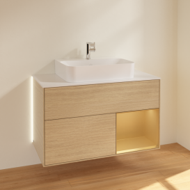 Тумба под раковину Villeroy & Boch Finion 100х50,1 см с подсветкой МДФ шпон дуба/золотой матовый лак/стекло белое матовое G121HFPC