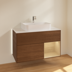 Тумба под раковину Villeroy & Boch Finion 100х50,1 см с подсветкой МДФ шпон грецкого ореха/стекло белое матовое G121PCGN