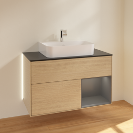 Тумба під раковину Villeroy & Boch Finion 100х50,1 см з підсвічуванням МДФ шпон дуба/скло чорне матове G122GKPC