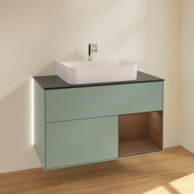 Тумба под раковину Villeroy & Boch Finion 100х50,1 см с подсветкой МДФ оливковый матовый лак/стекло черное матовое G122GNGM