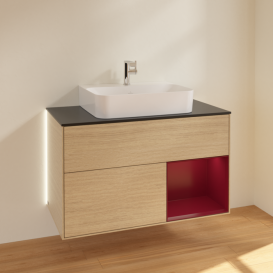 Тумба под раковину Villeroy & Boch Finion 100х50,1 см с подсветкой МДФ шпон дуба/стекло черное матовое G122HBPC