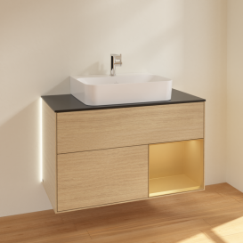 Тумба под раковину Villeroy & Boch Finion 100х50,1 см с подсветкой МДФ шпон дуба/стекло черное матовое G122HFPC