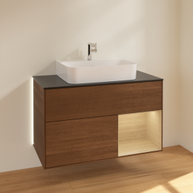 Тумба под раковину Villeroy & Boch Finion 100х50,1 см с подсветкой МДФ шпон грецкого ореха/стекло черное матовое G122PCGN