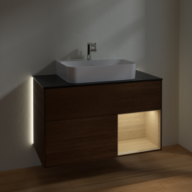 Тумба под раковину Villeroy & Boch Finion 100х50,1 см с подсветкой МДФ шпон грецкого ореха/стекло черное матовое G122PCGN