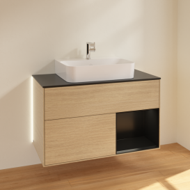 Тумба под раковину Villeroy & Boch Finion 100х50,1 см с подсветкой МДФ шпон дуба/стекло черное матовое G122PDPC