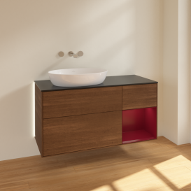 Тумба под раковину Villeroy & Boch Finion 120х50,1 см с подсветкой МДФ шпон грецкого ореха/стекло черное матовое GA52HBGN