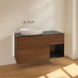 Тумба под раковину Villeroy & Boch Finion 120х50,1 см с подсветкой МДФ шпон грецкого ореха/стекло черное матовое GA52PDGN