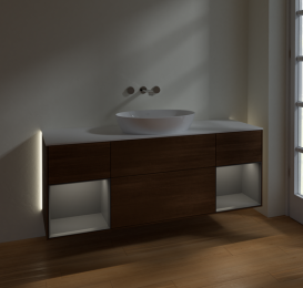 Тумба под раковину Villeroy & Boch Finion 160х50,1 см с подсветкой МДФ шпон грецкого ореха/стекло белое матовое GD01GKGN