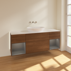 Тумба под раковину Villeroy & Boch Finion 160х50,1 см с подсветкой МДФ шпон грецкого ореха/стекло белое матовое GD01GKGN