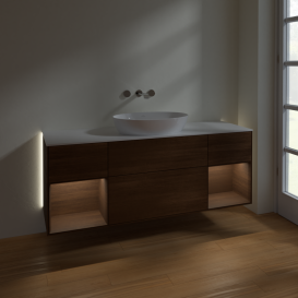 Тумба под раковину Villeroy & Boch Finion 160х50,1 см с подсветкой МДФ шпон грецкого ореха/стекло белое матовое GD01GNGN