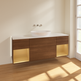 Тумба під раковину Villeroy & Boch Finion 160х50,1 см із підсвічуванням МДФ шпон волоського горіха/скло біле матове GD01HFGN