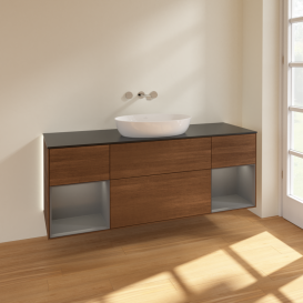 Тумба под раковину Villeroy & Boch Finion 160х50,1 см с подсветкой МДФ шпон грецкого ореха/стекло черное матовое GD02GKGN