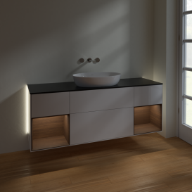 Тумба под раковину Villeroy & Boch Finion 160х50,1 см с подсветкой МДФ глянцевый белый лак/стекло черное матовое GD02GNGF