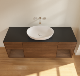 Тумба под раковину Villeroy & Boch Finion 160х50,1 см с подсветкой МДФ шпон грецкого ореха/стекло черное матовое GD02GNGN