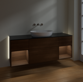 Тумба под раковину Villeroy & Boch Finion 160х50,1 см с подсветкой МДФ шпон грецкого ореха/стекло черное матовое GD02GNGN