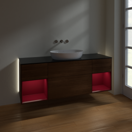 Тумба под раковину Villeroy & Boch Finion 160х50,1 см с подсветкой МДФ шпон грецкого ореха/стекло черное матовое GD02HBGN