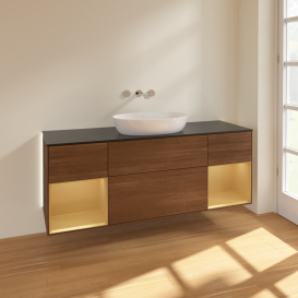 Тумба под раковину Villeroy & Boch Finion 160х50,1 см с подсветкой МДФ шпон грецкого ореха/стекло черное матовое GD02HFGN