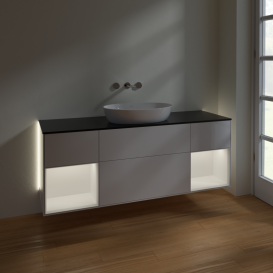 Тумба под раковину Villeroy & Boch Finion 160х50,1 см с подсветкой МДФ глянцевый белый лак/стекло черное матовое GD02MTGF