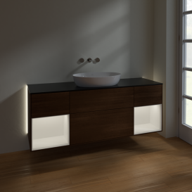 Тумба под раковину Villeroy & Boch Finion 160х50,1 см с подсветкой МДФ шпон грецкого ореха/стекло черное матовое GD02MTGN