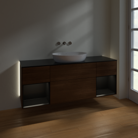 Тумба под раковину Villeroy & Boch Finion 160х50,1 см с подсветкой МДФ шпон грецкого ореха/стекло черное матовое GD02PDGN