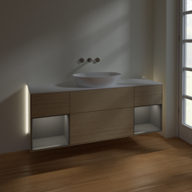 Тумба под раковину Villeroy & Boch Finion 160х50,1 см с подсветкой МДФ шпон дуба/стекло белое матовое GD01GKPC