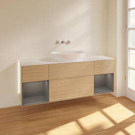 Тумба под раковину Villeroy & Boch Finion 160х50,1 см с подсветкой МДФ шпон дуба/стекло белое матовое GD01GKPC