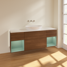 Тумба под раковину Villeroy & Boch Finion 160х50,1 см с подсветкой МДФ шпон грецкого ореха/стекло белое матовое GD01GMGN