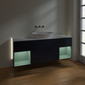 Тумба под раковину Villeroy & Boch Finion 160х50,1 см с подсветкой МДФ темно-синий матовый лак/стекло белое матовое GD01GMHG