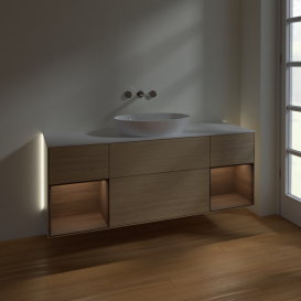 Тумба под раковину Villeroy & Boch Finion 160х50,1 см с подсветкой МДФ шпон дуба/стекло белое матовое GD01GNPC