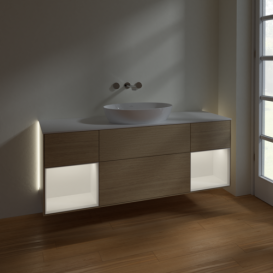 Тумба под раковину Villeroy & Boch Finion 160х50,1 см с подсветкой МДФ шпон дуба/стекло белое матовое GD01MTPC