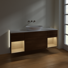 Тумба под раковину Villeroy & Boch Finion 160х50,1 см с подсветкой МДФ шпон грецкого ореха/стекло белое матовое GD01PCGN