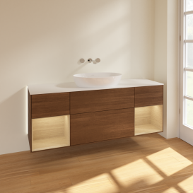 Тумба под раковину Villeroy & Boch Finion 160х50,1 см с подсветкой МДФ шпон грецкого ореха/стекло белое матовое GD01PCGN