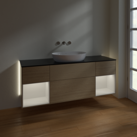 Тумба під раковину Villeroy & Boch Finion 160х50,1 см із підсвічуванням МДФ шпон дуба/скло чорне матове GD02GFPC