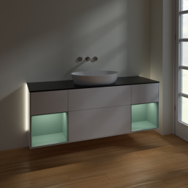 Тумба под раковину Villeroy & Boch Finion 160х50,1 см с подсветкой МДФ глянцевый белый лак/стекло черное матовое GD02GMGF