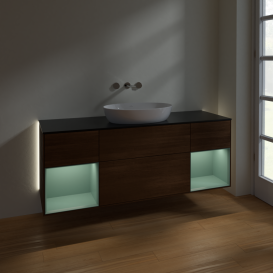 Тумба под раковину Villeroy & Boch Finion 160х50,1 см с подсветкой МДФ шпон грецкого ореха/стекло черное матовое GD02GMGN