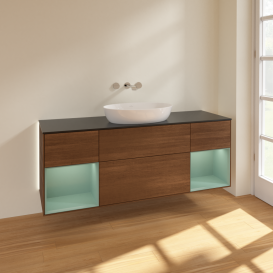 Тумба под раковину Villeroy & Boch Finion 160х50,1 см с подсветкой МДФ шпон грецкого ореха/стекло черное матовое GD02GMGN