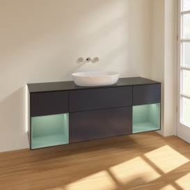 Тумба под раковину Villeroy & Boch Finion 160х50,1 см с подсветкой МДФ темно-синий матовый лак/стекло черное матовое GD02GMHG