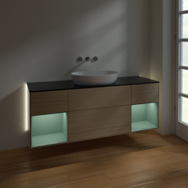 Тумба под раковину Villeroy & Boch Finion 160х50,1 см с подсветкой МДФ шпон дуба/стекло черное матовое GD02GMPC